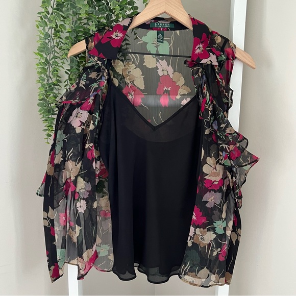 Ralph Lauren Black Floral Sheer Ruffle Blouse Sheer with Tank Women’s 10 - Picture 6 of 15